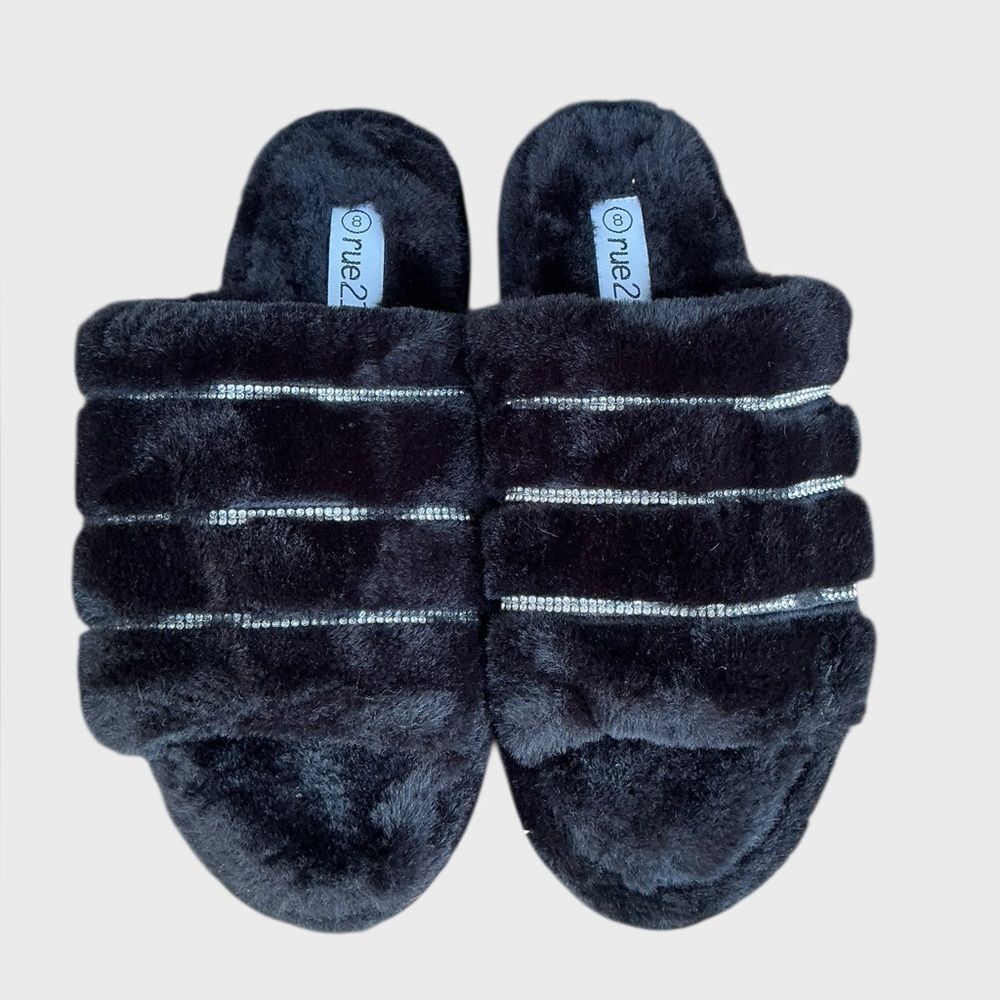 Rue21 Black Faux Fur Rhinestone Slide Slippers Women’s Size 8